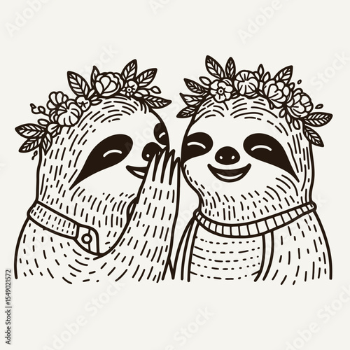 sloth couple wear flower crown Whispering Secrets. Valentine Love Romance Cupid February Clipart Line Art Vector Illustration. Slow pair adorn floral headpiece sharing hush secret.