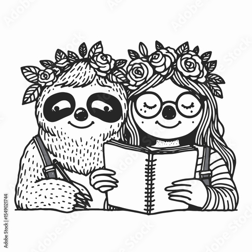 sloth couple wear flower crown glasses writing notebook. Valentine Love Romance Cupid February Clipart Line Art Vector Illustration. Lazy pair with floral headpiece spectacle jotting pad.