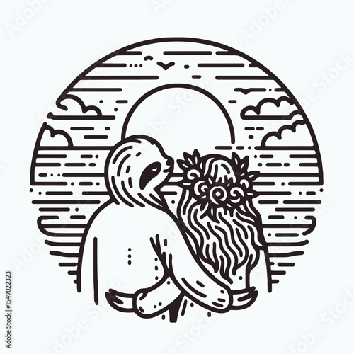 sloth couple wear flower crown Watching a sunset. Valentine Love Romance Cupid February Clipart Line Art Vector Illustration. Slow mate adorn bloom halo viewing dusk glow horizon vista.