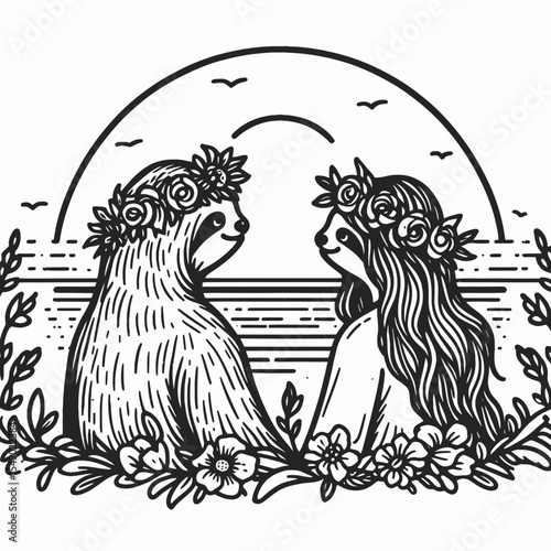 sloth couple wear flower crown Watching a sunset. Valentine Love Romance Cupid February Clipart Line Art Vector Illustration. Slow pair adorn head wreath observe sundown serene vista.