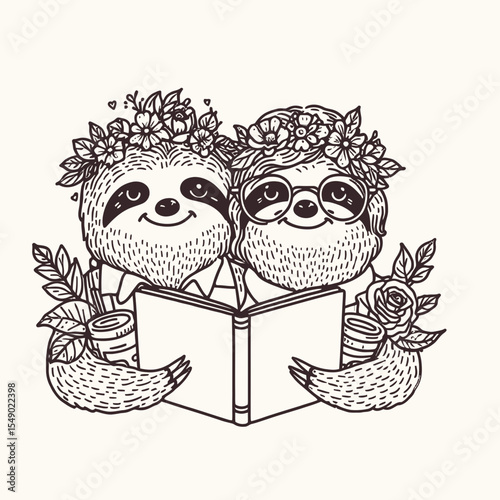 sloth couple wear flower crown glasses writing notebook. Valentine Love Romance Cupid February Clipart Line Art Vector Illustration. Slow pair adorn bloom headpiece spec jotting pad.