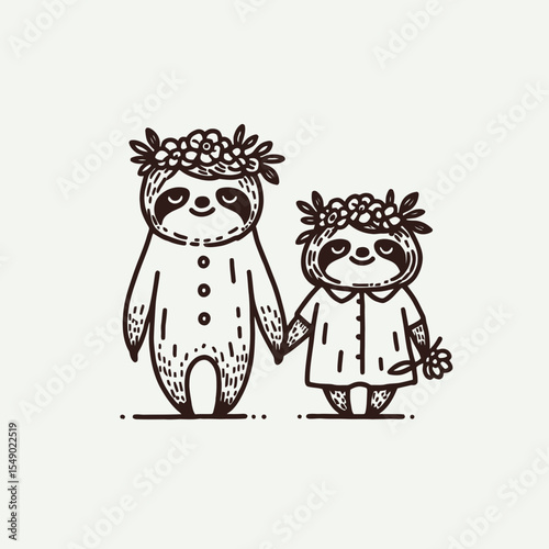 sloth couple wear flower crown Walking together. Valentine Love Romance Cupid February Clipart Line Art Vector Illustration. Slow pair donned blossom garland strolling moving as one.