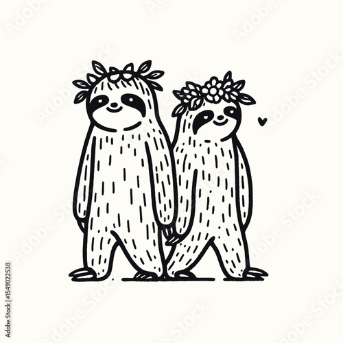 sloth couple wear flower crown Walking together. Valentine Love Romance Cupid February Clipart Line Art Vector Illustration. Slow animal pair with bloom halo stroll side-by-side joint.