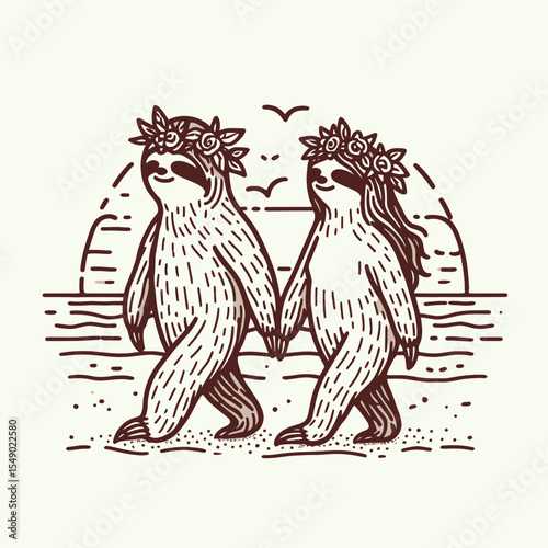 sloth couple wear flower crown Walking on the beach. Valentine Love Romance Cupid February Clipart Line Art Vector Illustration. Slow mates adorn blossom garland strolling shore a seaside.