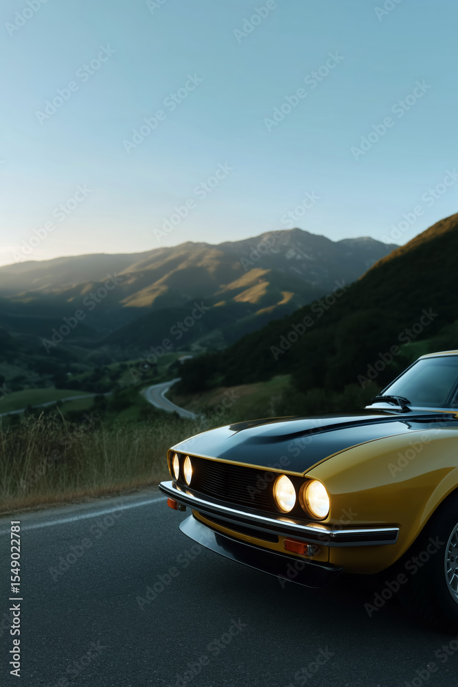 Naklejka premium Vintage yellow sports car parked in urban street at dusk, close-up front headlight view of retro vehicle