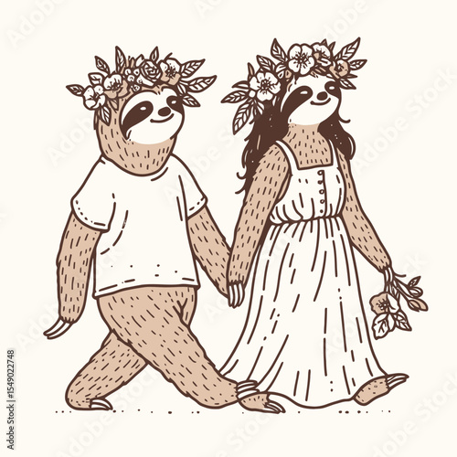 sloth couple wear flower crown Walking Hand in Hand. Valentine Love Romance Cupid February Clipart Line Art Vector Illustration. Slow duo adorn blossom garland ambling palm to palm love.