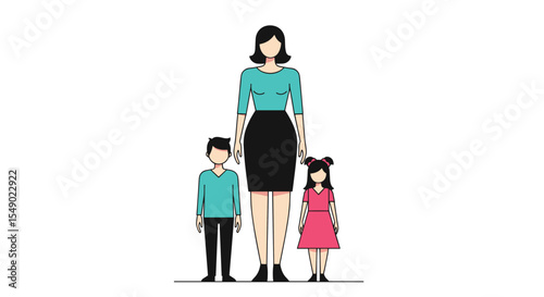 A Mother Standing With Her Two Children a Boy and a Little Girl