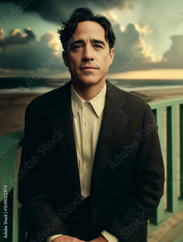 Studio portrait of elegant man with classic expression, dramatic cloudy sky in background, cinematic light and moody tones, timeless male editorial