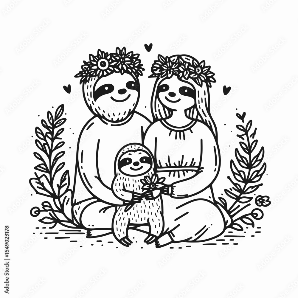 Obraz premium sloth couple wear flower crown Taking care of a pet. Valentine Love Romance Cupid February Clipart Line Art Vector Illustration. Slow pair donned floral garland animal care loving.