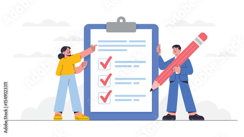 illustration of two people collaborating on a checklist with giant clipboard and pencil representing teamwork, planning, and task managementcollaboration, planning, pr