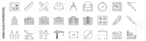 Collection of architectural and construction themed line art icons in a grid pattern format design