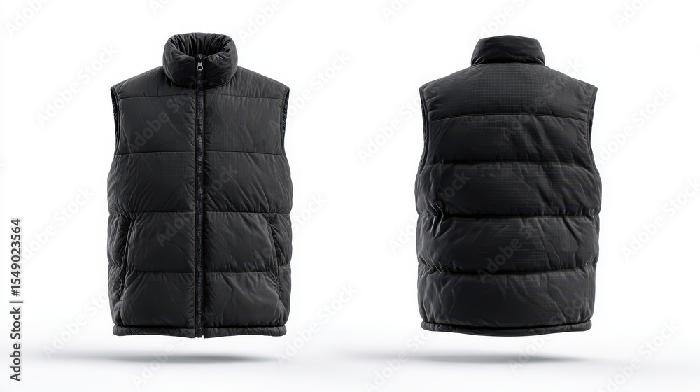 Naklejka premium Stunning photo of black puffer vest mockup. Front, back views. Urban style. Versatile design. Suitable for different seasons. Used for fashion, outdoor activities brand.