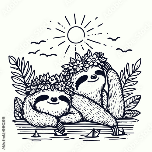 sloth couple wear flower crown sun bathing. Valentine Love Romance Cupid February Clipart Line Art Vector Illustration. Slow pair adore floral headpiece taking sunlight bath.