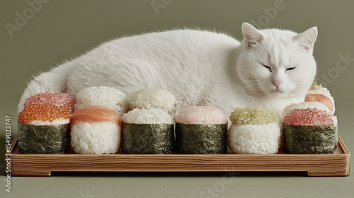 A cute white cat sleeping nearly big sushi , surreal image.