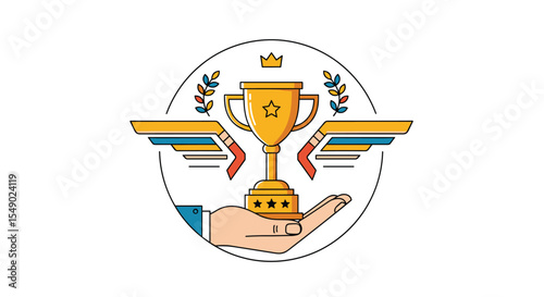 The Hand Holds The Cup With Wings Achieving Best Excellence And Honors Rewards