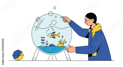 A Serene Underwater World A Man Enjoys Watching Fish Swimming Inside a Round Aquarium
