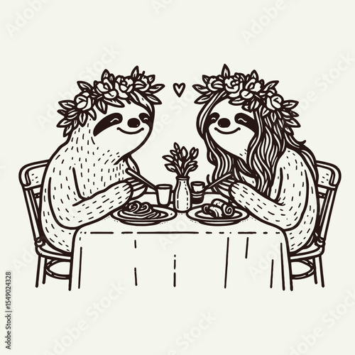 sloth couple wear flower crown Sharing a romantic dinner. Valentine Love Romance Cupid February Clipart Line Art Vector Illustration. Mellow pair don floral garland having intimate meal.
