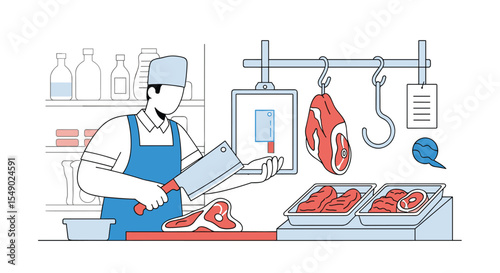 Butcher Shop Illustration A Professional Meat Cutter Preparing and Displaying Fresh Cuts Of Meat