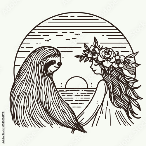 sloth couple wear flower crown Romantic Sunset Stroll. Valentine Love Romance Cupid February Clipart Line Art Vector Illustration. Slow pair adorn floral wreath loving twilight amble gentle.