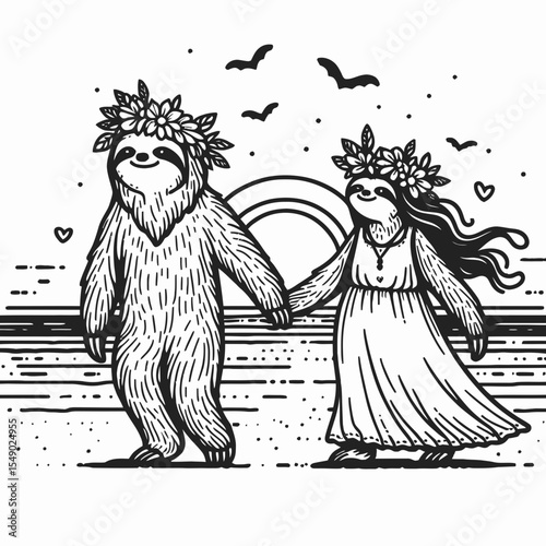 sloth couple wear flower crown Romantic Sunset Stroll. Valentine Love Romance Cupid February Clipart Line Art Vector Illustration. Slow pair adorn bloom garland amorous twilight promenade.