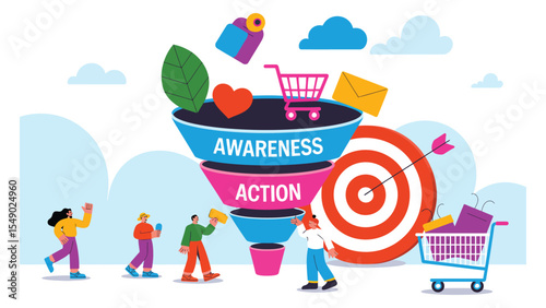marketing funnel illustration with awareness and action stages, target audience, shopping icons, and people interacting visually