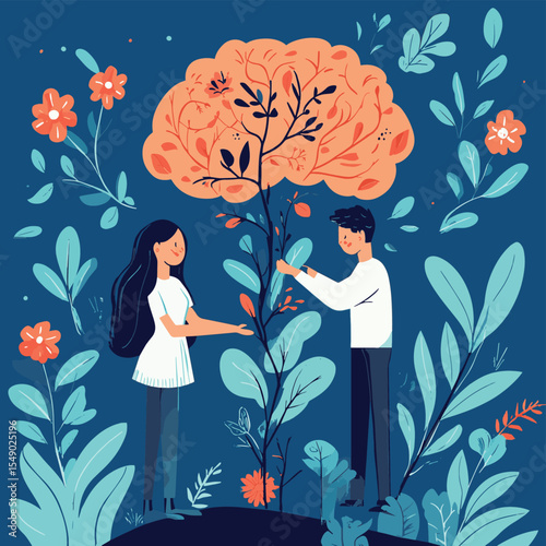People care for brain. Self love and education metaphor. Man woman planting flowers and cut dry branches, sow perspective good thoughts vector scenes, vector style simple color