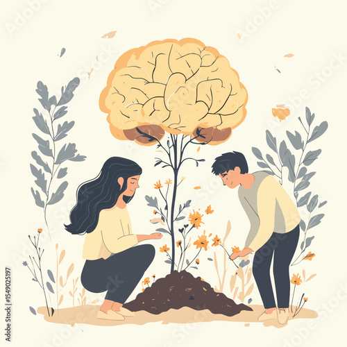 People care for brain. Self love and education metaphor. Man woman planting flowers and cut dry branches, sow perspective good thoughts vector scenes, vector style simple color
