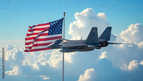  F-22 Raptor with AIM-9X Missile Flying Past American Flag, fighter jet and missile soaring past american flag in dramatic skies – symbol of military strength, patriotism, created with generative ai