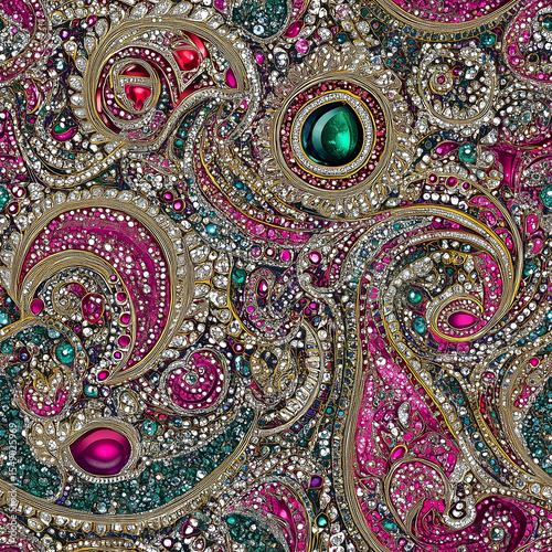 In Rich Jewel Tones of Emerald, Ruby, and Sapphire an Elaborate, Intricate, and Seamless Bohemian Paisley Pattern