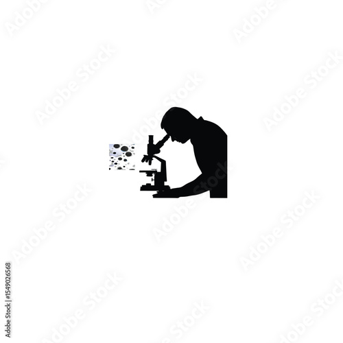 Silhouette of a biologist studying cells under a microscope on white background