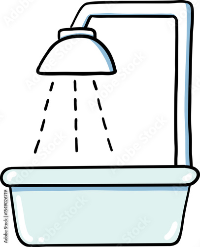 Hand drawn Bathroom elements doodle, Showerhead over a bathtub with flowing water droplets.