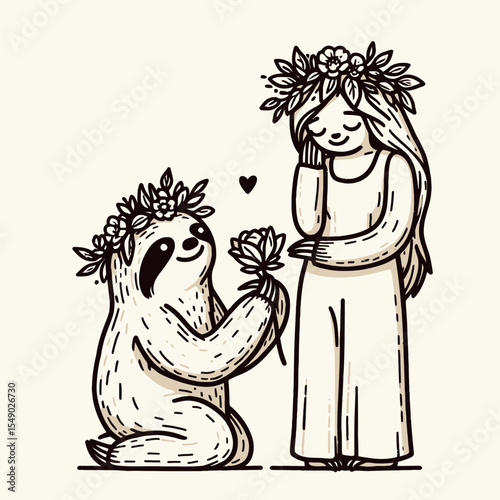sloth couple wear flower crown Proposal Pose. Valentine Love Romance Cupid February Clipart Line Art Vector Illustration. Two slow creatures don floral headpiece marriage offer position.