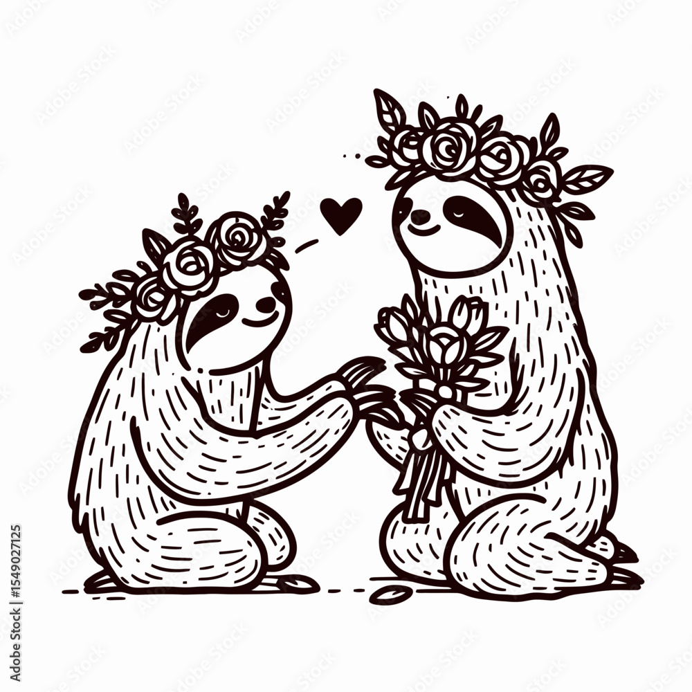 custom made wallpaper toronto digitalsloth couple wear flower crown Proposal Moment. Valentine Love Romance Cupid February Clipart Line Art Vector Illustration. Slow animal pair with floral head decoration engagement event.