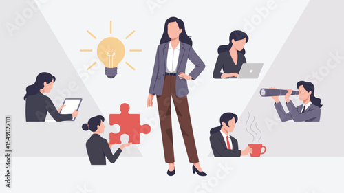female entrepreneur surrounded by business icons representing teamwork, innovation, goal-setting, and strategic problem-solving