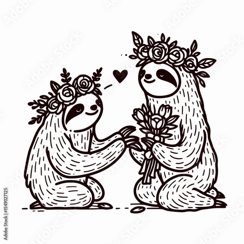Wallpaper Mural sloth couple wear flower crown Proposal Moment. Valentine Love Romance Cupid February Clipart Line Art Vector Illustration. Slow animal pair with floral head decoration engagement event. Torontodigital.ca