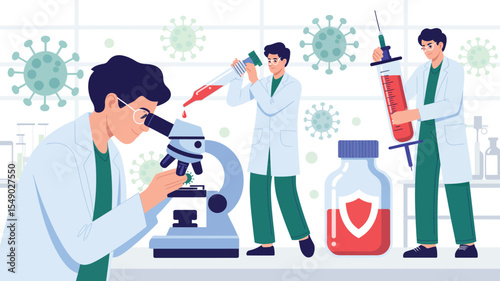 scientists conducting medical research in lab with microscope, syringe, and vial, surrounded by virus particles and shield symbol: laboratory, research, scientists, microscope, syringe, vial, virus, m