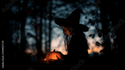 halloween walpaper, Teen Girl in Witch Hat Lighting Pumpkin with Candle at night in woods