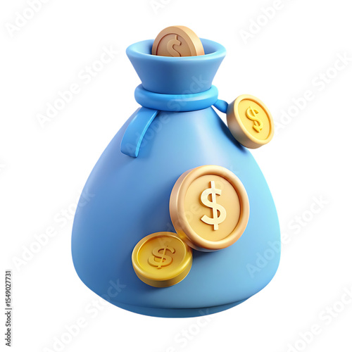 3d render of a blue money bag with golden coins representing savings and finance