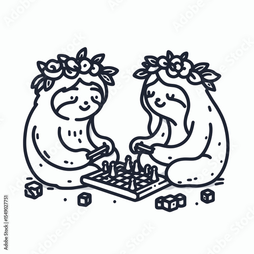 sloth couple wear flower crown Playing games together. Valentine Love Romance Cupid February Clipart Line Art Vector Illustration. Two slow animal with head wreath having fun a board.
