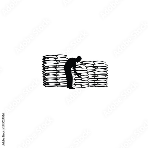 Silhouette of a buyer inspecting grain sacks in a storage facility on white background