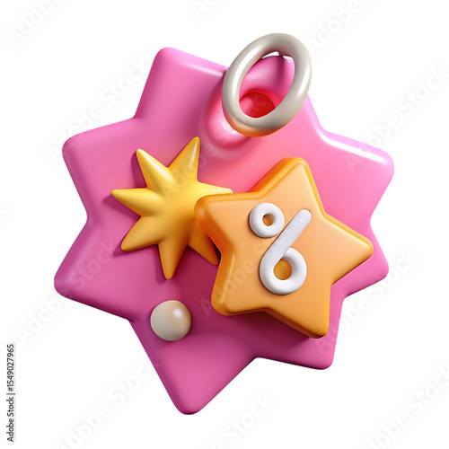 3d rendered pink starburst shape with percentage symbol representing discounts and offers on black background