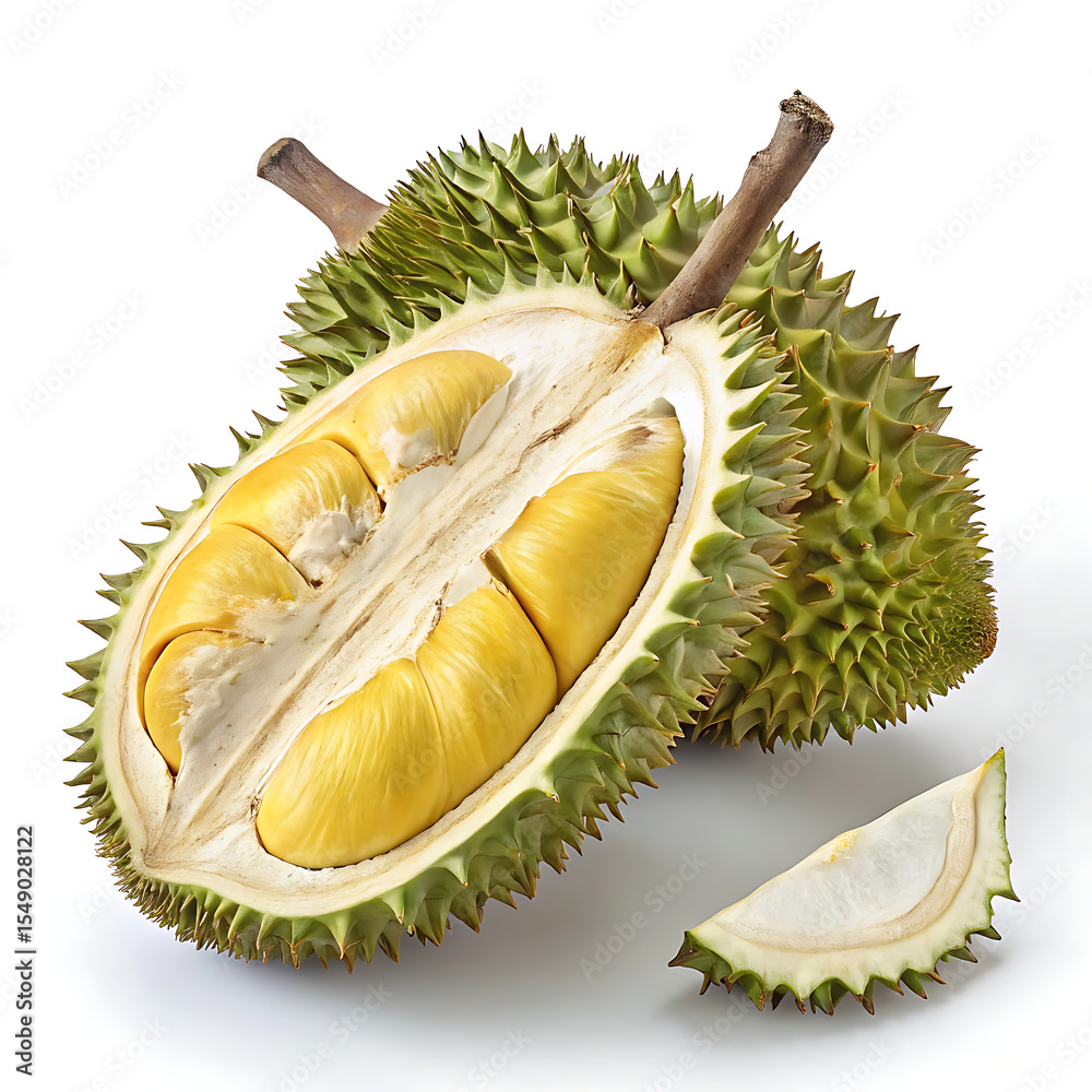 Obraz premium A vibrant durian, centered against a plain white background.