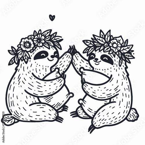 sloth couple wear flower crown Playful Pillow Fight. Valentine Love Romance Cupid February Clipart Line Art Vector Illustration. Lazy pair adorn floral headpiece humorous cushion battle.