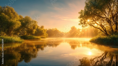 Wallpaper Mural Morning light casts a golden hue on the calm river as fog rises from the water. Lush trees line the banks, creating a serene and peaceful atmosphere in nature Torontodigital.ca