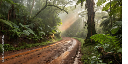 Fototapeta Naklejka Na Ścianę i Meble -  Misty in the Rainforest with Dirt Road at Dawn.