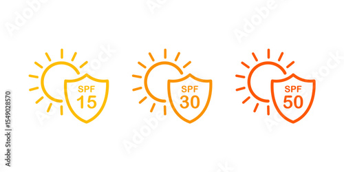 SPF Protection Icons SPF 15, 30, and 50 | Sun Protection Factor Levels in Icon Set | Sunscreen Label Icons for Skincare Packaging.