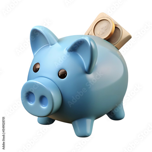 3d rendered blue piggy bank with euro coins financial savings concept on black background