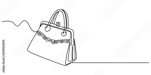 Woman bag continuous one line drawing. Lady's bag single line art vector illustration, Elegant fashion woman leather handbag in sketch style Continuous One Line Drawing, ladies bag, minimalism, strap.