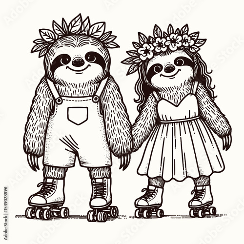 sloth couple wear flower crown play roller skate. Valentine Love Romance Cupid February Clipart Line Art Vector Illustration. .