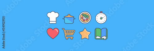 Flat cooking app icons with white outlines on blue background – Great for app developers, kitchen tech branding, or interface design